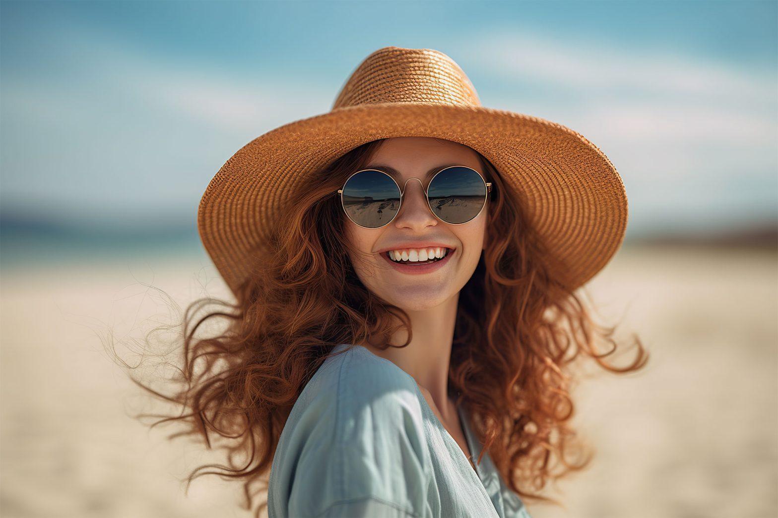 HappyWoman on beach smiling and wearing a hat